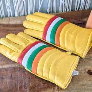Vintage Retro 70s/80s Yellow Padded Ski Gloves - Striped Accent - Men’s 8
